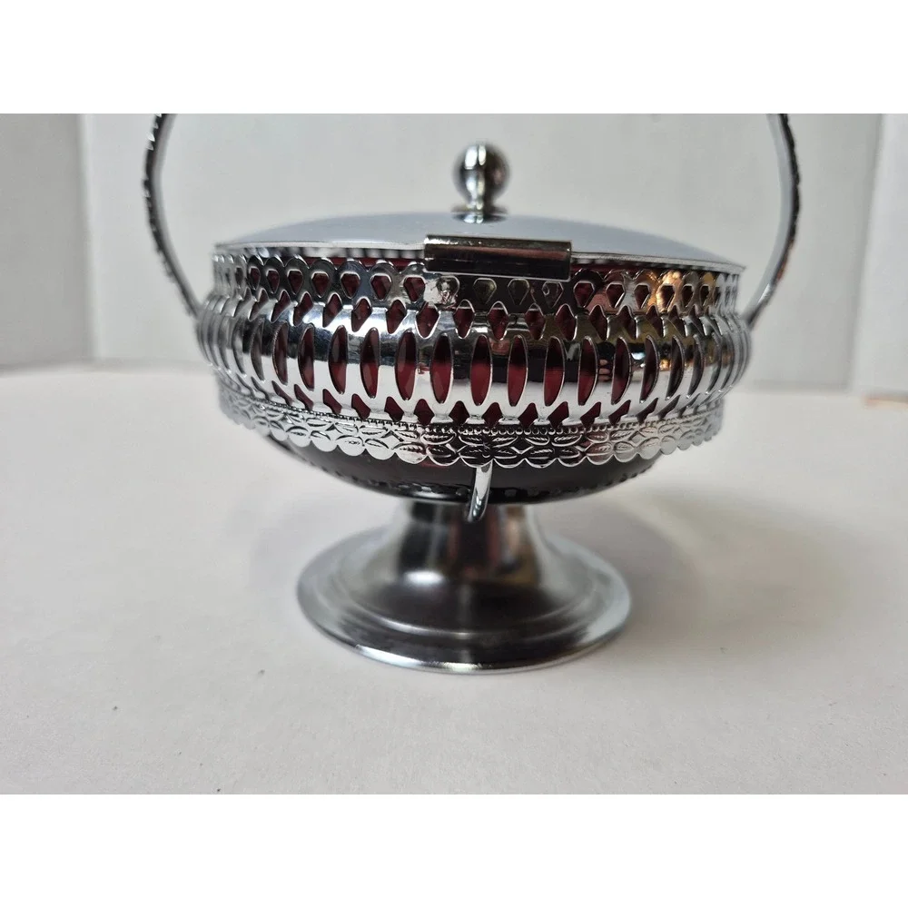 Vintage Amethyst‎ Purple Glass Jam Jar with Silver Tone Metal Caddy and Handle